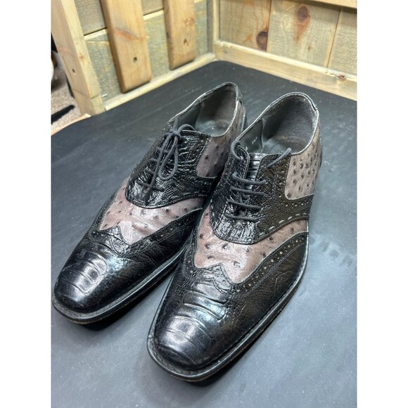 Stacy Adams Mens Leather Wingtip Oxford Shoes 8.5M Brown Black Embossed Ostrich - Picture 9 of 9